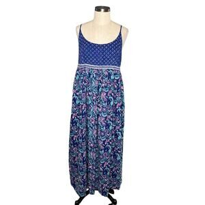 ANOKHI Vintage Dress Blue Pink Floral Pattern Slip Midi Dress Women's Size 16